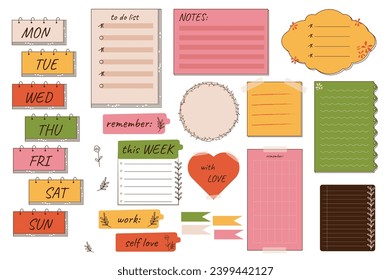 Planning stickers mega set in flat design. Bundle elements of organizer weekly tags, to do lists, notes templates, memo boards, paper pieces and reminders. Vector illustration isolated graphic objects