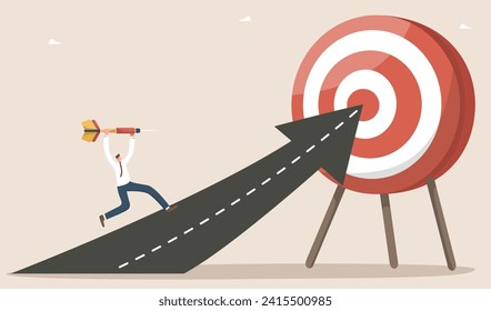 Planning strategy to achieve business goal, motivation and focus on results, creative solutions to complex problems, precision in setting plan to achieve success, man with dart runs along road to goal