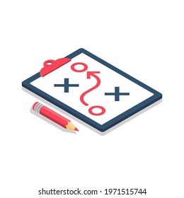 Planning strategy concept. Business tactic. Clipboard pencil. Vector illustration isometric design. Chart project analysis. Scheme of action on white sheet. Plan to achieve goal.