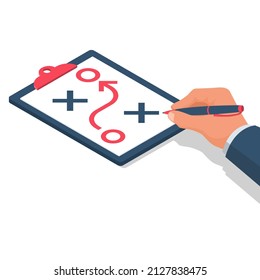 Planning strategy concept. Business tactic. Clipboard and pen in hand businessman. Vector illustration 3D iosmetric design. Isolated on background. Analysis scheme. Chart project.