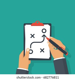 Planning strategy concept. Business tactic. Clipboard and pen in hand businessman. Vector illustration flat design. Isolated on background. Analysis scheme. Chart project.