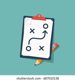 Planning strategy concept. Business tactic. Clipboard pencil. Vector illustration flat design. Isolated on background. Chart project analysis . Scheme of action on white sheet. Plan to achieve goal.