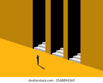 Planning and strategy. man is choosing the right door