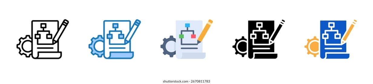 Estrategia de planificación múltiples iconos de estilo establecen la Ilustración vectorial de diseño.