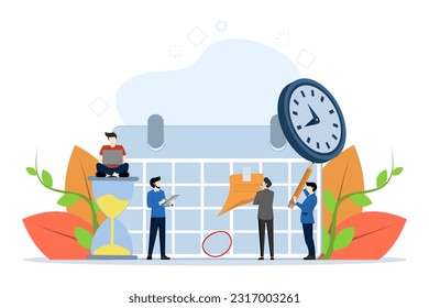 Planning strategy and time management. Planning schedule, business event and calendar concept. People with schedules, pens and notes setting up meetings. Vector illustration in flat cartoon design