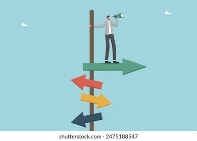 Planning strategy, ways to achieve business goals, searching for new opportunities for high results, direction of career development, path to success, man stands on pointer and looks through telescope