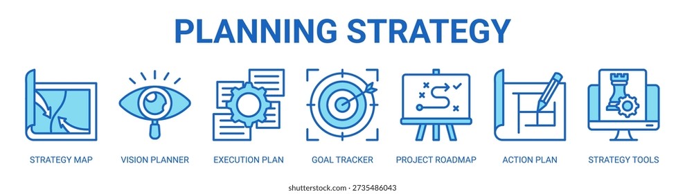 Planning Strategy web banner icon vector illustration concept with icon of strategy map, vision planner, execution plan, goal tracker, project roadmap, action plan, and strategy tools.