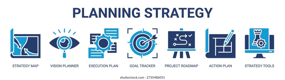 Planning Strategy web banner icon vector illustration concept with icon of strategy map, vision planner, execution plan, goal tracker, project roadmap, action plan, and strategy tools.