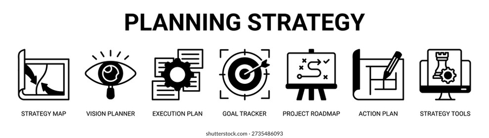 Planning Strategy web banner icon vector illustration concept with icon of strategy map, vision planner, execution plan, goal tracker, project roadmap, action plan, and strategy tools.