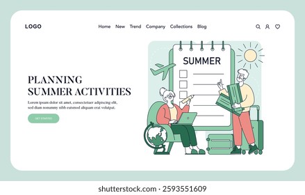 Planning summer activities with a focus on vacation ideas. Individuals discuss travel and leisure options while preparing a checklist. Ideal for anyone looking to make the most of summer. Vector