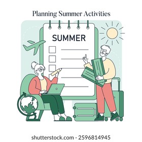 Planning summer activities with a focus on preparation and organization. A person at a laptop discusses ideas with another who holds travel plans. Visual elements reflect leisure and travel excitement