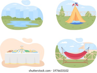 Planning summer holidays 2D vector web banner, poster set. Camping season flat objects on cartoon background. Hammock, wigwam. Lake vacation printable patch, colorful web element collection