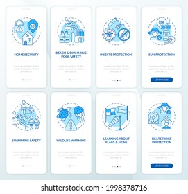 Planning summer trip onboarding mobile app page screens set. Skin protection walkthrough 4 steps graphic instructions with concepts. UI, UX, GUI vector template with linear color illustrations