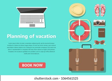 Planning of summer vacation design. Set of flat objects. Online booking,  journey in summer holidays, tourism. Can be used for layout, advertising and web design.