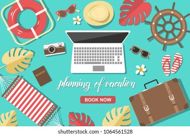 Planning of summer vacation design. Set of flat objects. Online booking,  journey in summer holidays, tourism. Can be used for layout, advertising and web design.