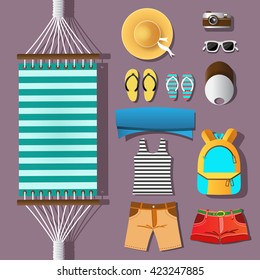 Planning a summer vacation. Set of icons for the tropical summer vacation and tourism. Flat lay design. Vector icons can be used for layout, advertising and web. 