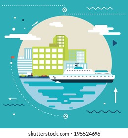 Planning Summer Vacation, Tourism and Journey Symbol Ocean Sea River Ship Travel Modern Flat Design Template Vector Illustration