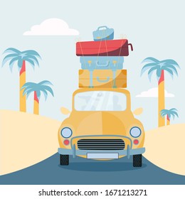 Planning summer vacations, Travel by car. Vehicle with suitcases on roof. World Travel, Summer holiday,Tourism and vacation theme. Flat design vector illustration