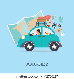Planning summer vacations, Travel by car , World Travel, Summer holiday,Tourism and vacation theme. Flat design vector illustration.