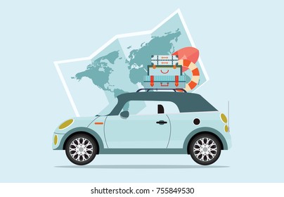 Planning summer vacations Travel by car, World Travel on Summer holiday,Tourism and vacation theme  Flat design vector illustration.