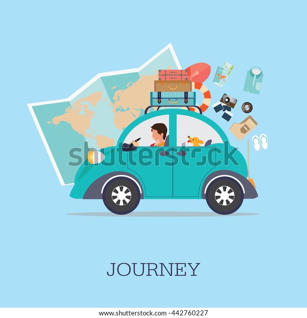 Planning summer vacations, Travel by car ,\
World Travel, Summer holiday,Tourism and vacation theme. Flat\
design vector\
illustration.