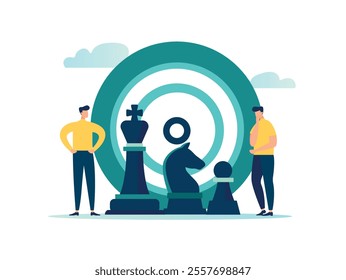 Planning or tactics to achieve a business goal, a leader, a challenge, the possibility of achieving a target concept, a businessman thinks like a chess piece for the next move, vector illustration