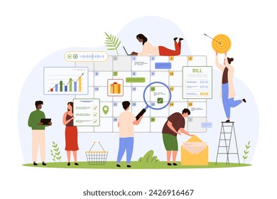 Planning tasks and projects in digital calendar. Tiny people holding magnifying glass and target, to do list and email to plan management and organization of work time cartoon vector illustration