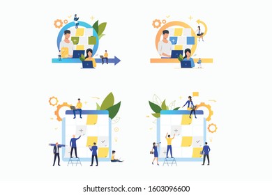 Planning tasks set. Office workers sticking notes on board. Flat vector illustrations. Business, schedule, scrum management concept for banner, website design or landing web page