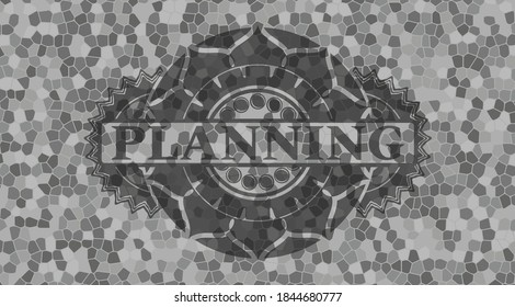 Planning text inside grey color stone wall realistic badge. Rock exquisite background. Illustration. 