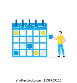 Planning time management business concept. Man standing near calendar planner with plan sticker. Business people character, flat style clipart for web infographic banners isolated on white background.
