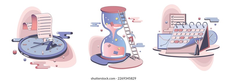 Planning and time management color 2d vector graphic. Man running on dial, guy climbing on sand clock abstract idea. Woman with giant calendar scheduling and productivity flat art set