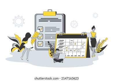 Planning and time management concept in flat line design. People schedule appointments on calendar, mark completed tasks on list and organize workflow. Vector illustration with outline scene for web