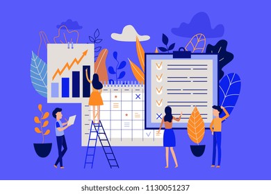 Planning and time management concept with people organizing working process and noting completed tasks in list. Flat characters near big calendar and planner in isolated vector illustration.