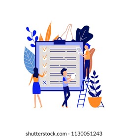 Planning and time management concept with people pointing completed tasks and organizing work process in large holder with list of goals in isolated flat vector illustration.