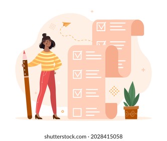 Planning and time management concept. Woman with pencil stands next to large to do list. Mark completed task. Personal efficiency at work. Cartoon flat vector illustration isolated on white background