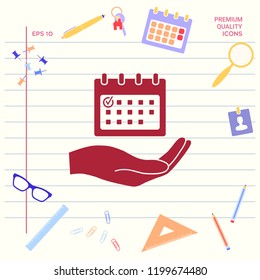 Planning, time management, hand holding calendar icon