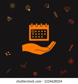 Planning, time management, hand holding calendar icon. Graphic elements for your design
