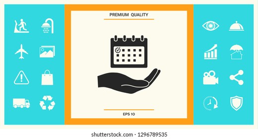 Planning, time management, hand holding calendar icon. Graphic elements for your design