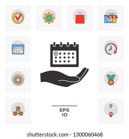 Planning, time management, hand holding calendar icon. Graphic elements for your design