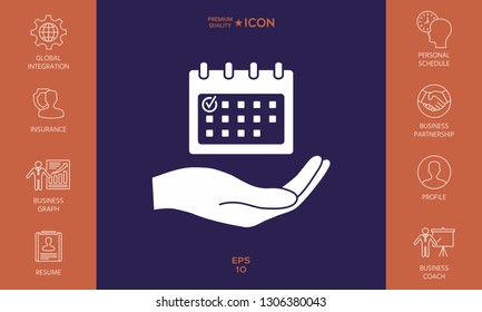 Planning, time management, hand holding calendar icon. Graphic elements for your design