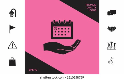 Planning, time management, hand holding calendar icon. Graphic elements for your design