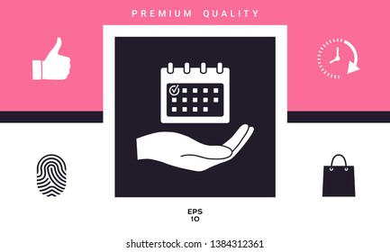 Planning, time management, hand holding calendar icon. Graphic elements for your design