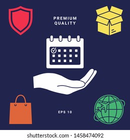 Planning, time management, hand holding calendar icon. Graphic elements for your design