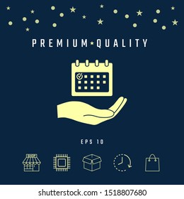 Planning, time management, hand holding calendar icon. Graphic elements for your design