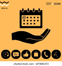 Planning, time management, hand holding calendar icon