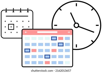 Planning And Time Management Icons. Timetable, Agenda Planner With Dates, Wall Clock. Creating Reminder, Daily Plan, Schedule Concept. Calendar With Notes For Scheduling Meeting Or Holidays