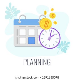 Planning and time management infographics pictogram. Clock, calendar and money. System for success and prosperity, personal growth. Strategy, management and marketing. Flat vector illustration.