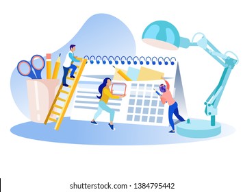 Planning Time Management Metaphor Flat Cartoon Banner Data Analysis Deadline Planning Man Woman Characters near Huge Calendar Planner Definition Marking Dates on Office Desk Vector Illustration