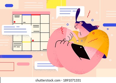 Planning, time management, schedule concept. Business woman planning day scheduling appointment in calendar application, adding business events online in tablet vector illustration 