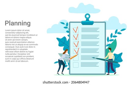 Planning, To-do list, time control, task completed.People next to a large to-do list.Poster in business style.Vector illustration.